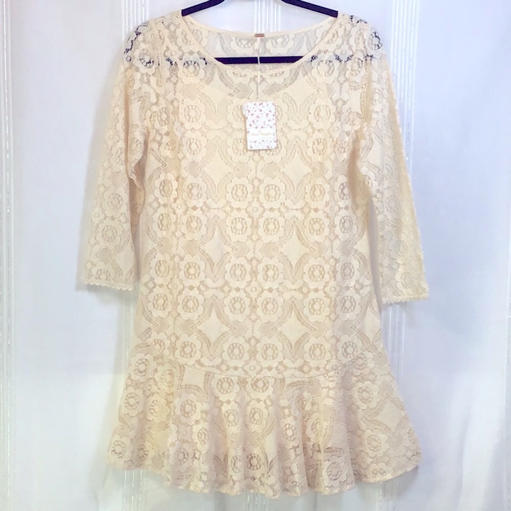 Free People Cream All Over Lace 3/4 Sleeves with Rayon Lingerie Slip Sz.4 - Picture 10 of 10